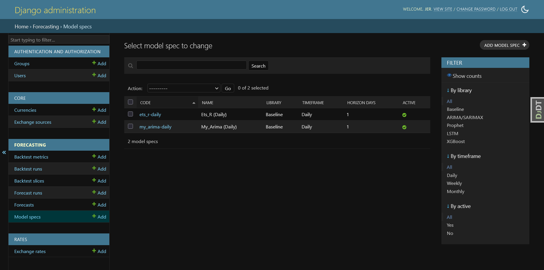 Model Specs table screenshot